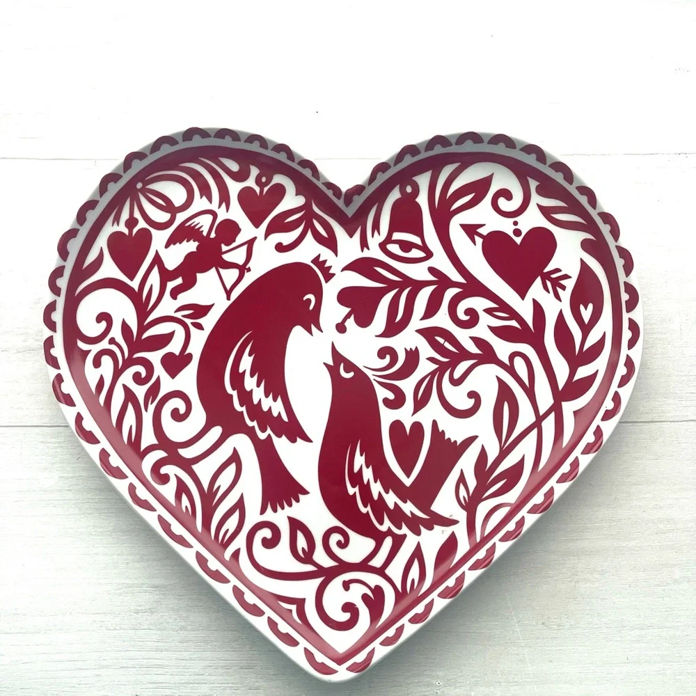 CRATE & BARREL KATE FORRESTER LOVE BIRDS Heart Plate CERAMIC 14” Valentine’s Day